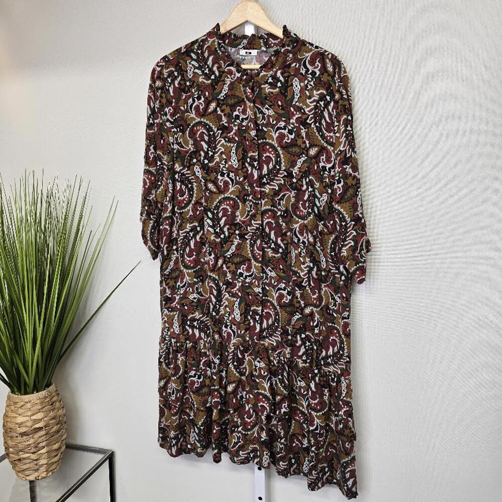 WE Womens XXL Paisley Print Button Front Ruffle Hem Shift Dress Earthy Tones